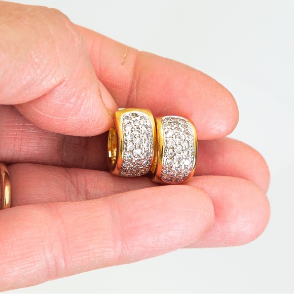 Quiet luxury huggie hoop gold tone earrings pave CZ minimalist by Brilliante - Picture 4 of 16